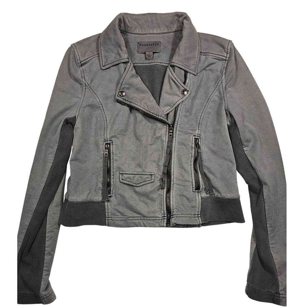 Marrakech Grey Moto Biker Jacket Mixed Media Knit Panel Zip Up Size M